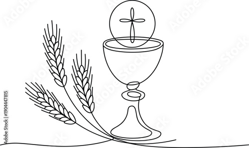 Communion Chalice with Host and Wheat Stalks Line Art