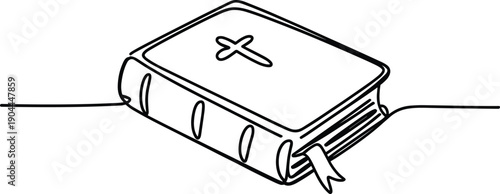 Continuous Line Drawing of a Bible with Cross Detail and Ribbon Marker