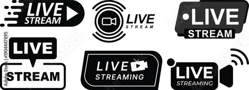 Live streaming icon set collection group with play button video broadcast badges, online stream labels, media recording symbols for social network content isolated on white background vector.