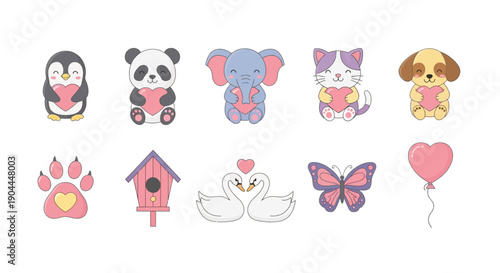 Cute cartoon illustrations of animals holding hearts a birdhouse swans a butterfly and a balloon