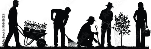 Community gardening teamwork silhouette, eco farming illustration, people planting trees, watering 