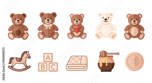 Five teddy bears arranged above five babycraft items