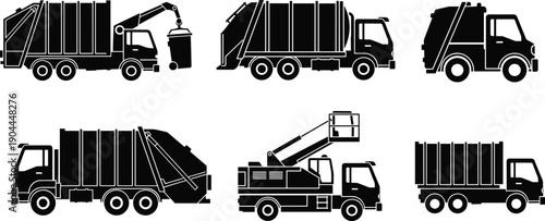 Garbage truck silhouettes, waste management vehicles, recycling trucks, side loader, rear loader, front loader, hydraulic lift, trash collection, sanitation, disposal, environment