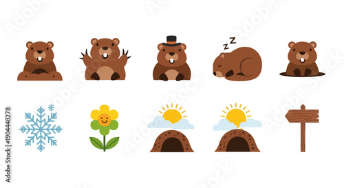 Groundhog Daythemed icons featuring brown groundhogs and seasonal symbols