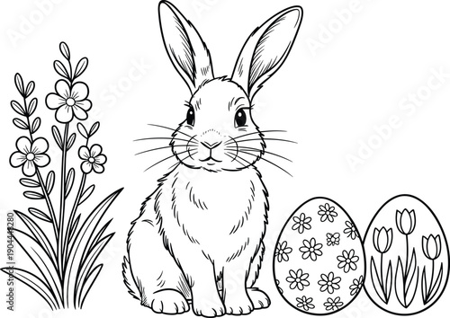 Easter Bunny with Decorated Eggs and Flowers Line Art