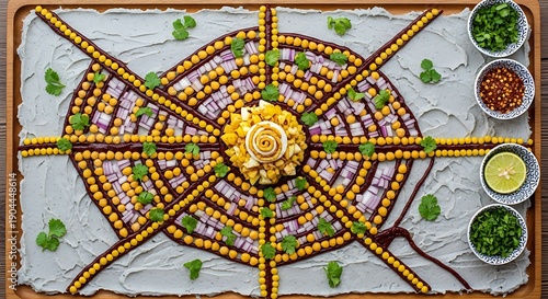 Wallpaper Mural Elaborate sunburst-shaped corn and bean salad presentation with vibrant toppings overhead shot Torontodigital.ca