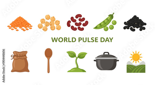 Illustrations for World Pulse Day showing pulses farming and cooking items
