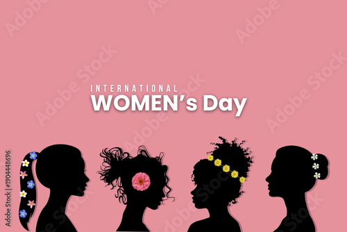 International Women's Day banner with four female silhouettes and flowers. Strong women and girls different nationalities and cultures