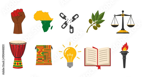 Ten icons related to Black culture and history in two rows