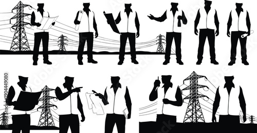 Wallpaper Mural Power engineers silhouette illustration set, electrical technicians working near transmission towers, energy infrastructure maintenance and inspection concept isolated white background vector Torontodigital.ca