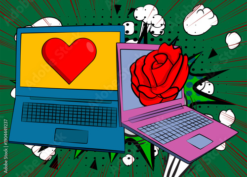 Cartoon Laptop, comic book Notebook with Red Heart and Rose. Retro vector comics pop art design.