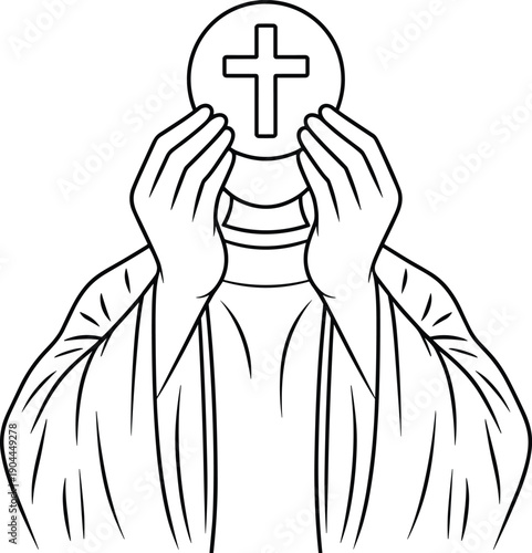 Priest Holding Communion Wafer with Cross, Religious Ceremony Illustration, Stock Graphic