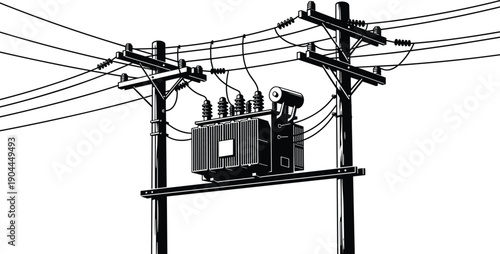 Electrical transformer on power pole illustration, utility electricity distribution equipment with overhead lines, industrial energy infrastructure isolated on white background