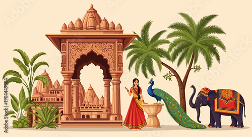 Vibrant Indian cultural landscape with traditional architecture, elegant woman, majestic peacock, and adorned elephant under palm trees