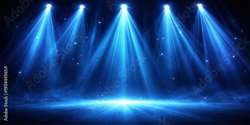 An abstract blue stage background featuring a bright spotlight and glowing magic rays creates a festive disco design for a music concert or space show