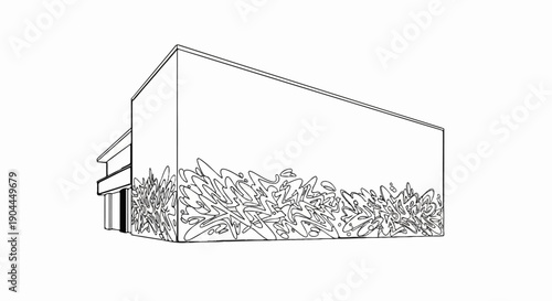 A simplified outline of a modern building with graffiti art at its base