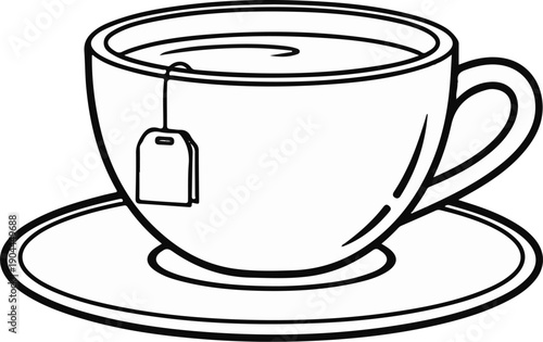 A simple black and white illustration of a teacup with a tea bag and saucer