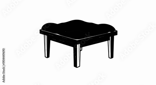 A simple black and white illustration of a square, dark wooden stool with four legs