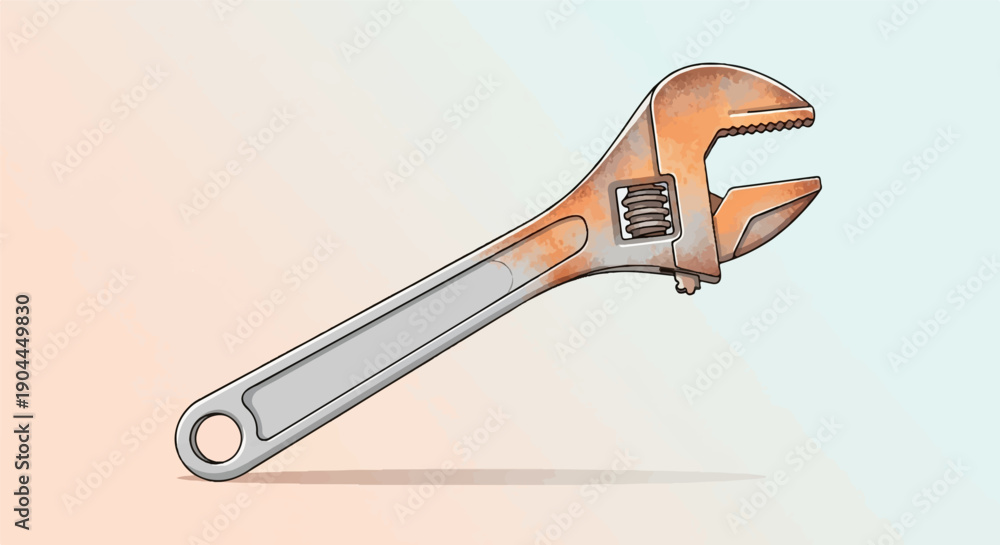 Obraz premium A rusty adjustable wrench with a silver handle on a gradient background