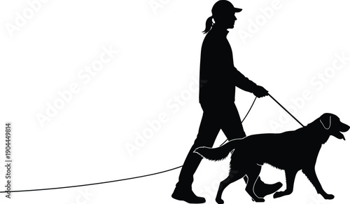 Woman walking dog silhouette illustration, female owner with pet on leash, outdoor activity concept isolated on white background