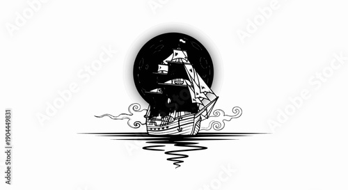 A sailing ship glides on dark water under a large, shadowy moon