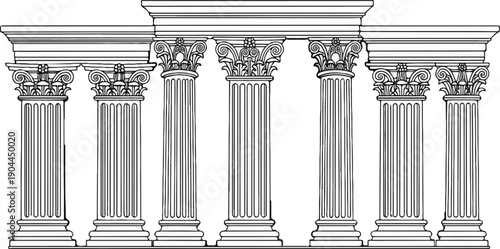 A row of classical columns with decorative capitals and ornate entablature