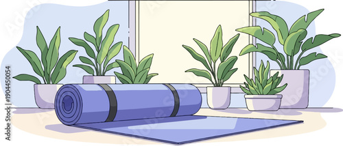 A rolled yoga mat rests on a table with houseplants by a window
