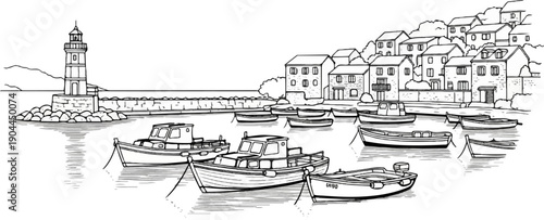 A seaside village with a lighthouse and many small boats docked in the harbor