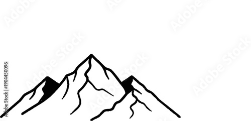A simple black and white sketch of three rugged mountain peaks
