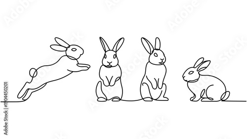 Continuous line drawing of four rabbits in different active and resting poses