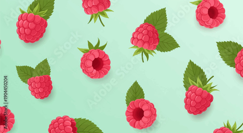 A repeating pattern of bright pink raspberries with green leaves on a light blue background