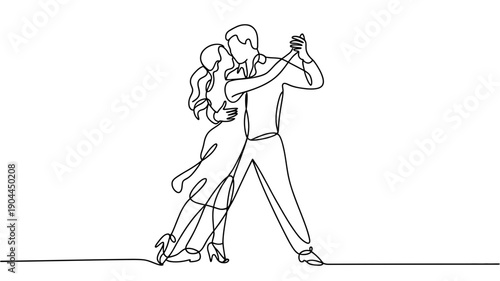 Continuous line drawing of a romantic couple dancing together in an elegant ballroom pose