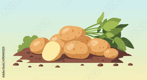 A pile of ripe potatoes with green leaves emerges from the soil