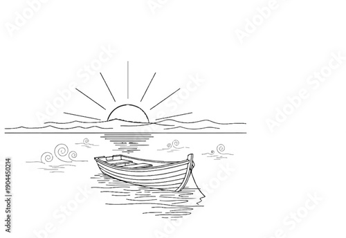 A serene sunrise over the water with a small boat gently floating
