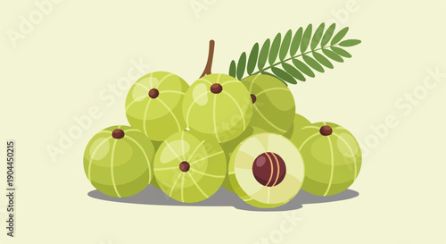 A pile of green Indian gooseberries with a sliced one visible