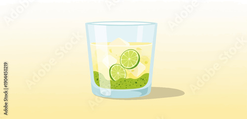 A refreshing, ice-filled glass with lime slices and green muddled fruit