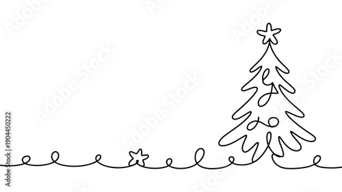 Continuous line drawing of a minimalist christmas tree with a star topper and loopy ground line.