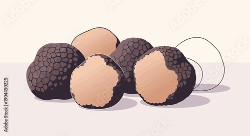 A pile of rough-skinned, earthy-toned truffles with cut surfaces