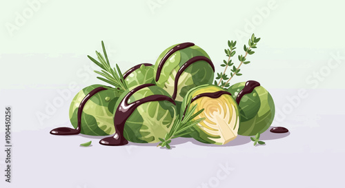 A pile of Brussels sprouts drizzled with dark sauce, garnished with herbs