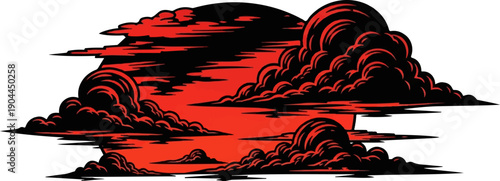 A red sun is obscured by dark, stylized clouds against a white background