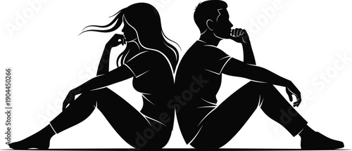 Sad couple silhouettes sitting back to back, relationship conflict emotional distance concept, man woman thinking separately, breakup problem illustration