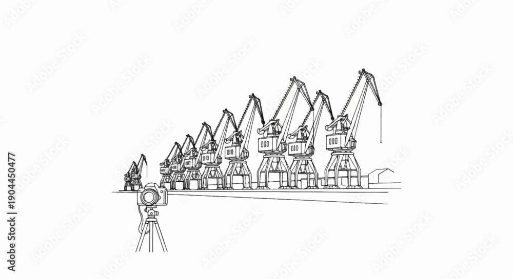 Fototapeta premium A line of port cranes is captured from a camera on a tripod