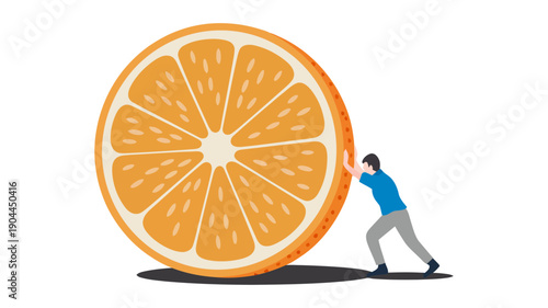 Little man pushing a huge slice of orange fruit representing healthy lifestyle and hard work.