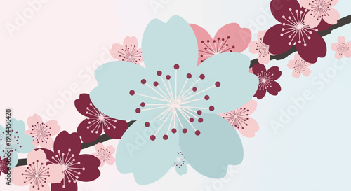 A minimalist graphic design features a stylized branch with blooming flowers in soft pastels