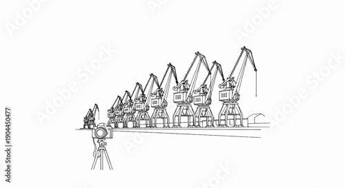 A line of port cranes is captured from a camera on a tripod