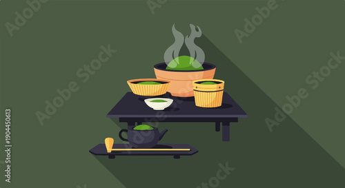A minimalist illustration depicts a tea ceremony with steaming green tea and utensils
