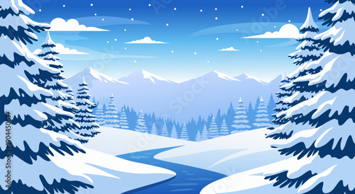 A serene winter landscape vector illustration depicting snow-covered pine trees and a winding river under a crisp, blue sky with distant mountains