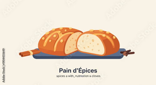 A loaf of spiced bread, sliced, rests on a blue board with cinnamon and cloves