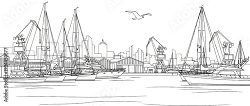 A harbor scene with sailboats, cranes, and city skyline under a bird