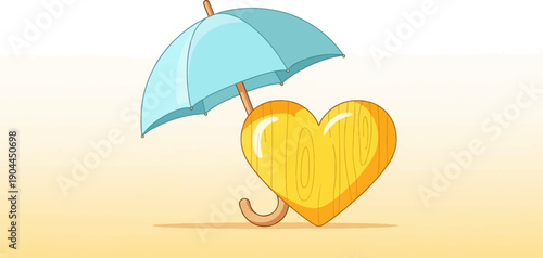 A heart shape made of wood is protected by a blue umbrella